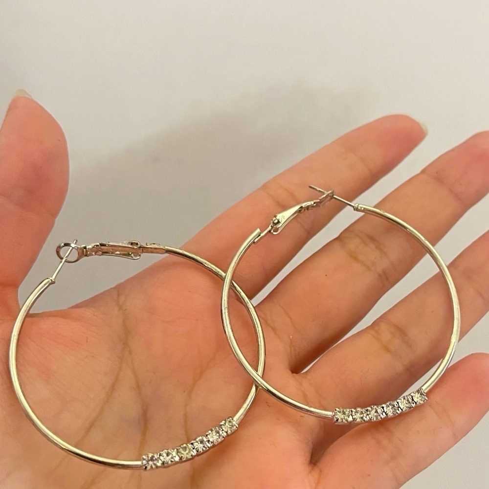 Silver tone cz hoop earrings